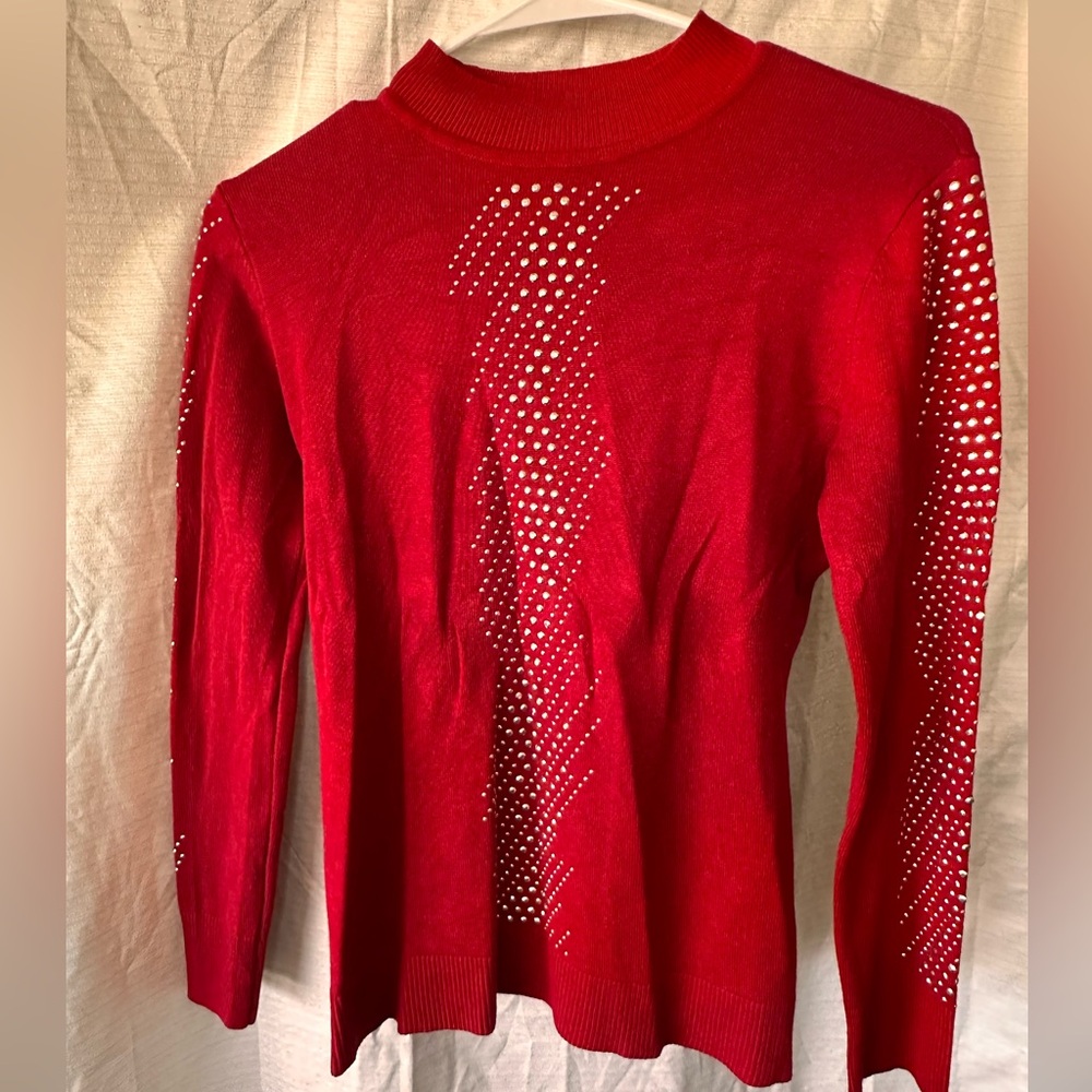A LOVE STORY Stylish Red Sweater Top With Silver Emblems PXS